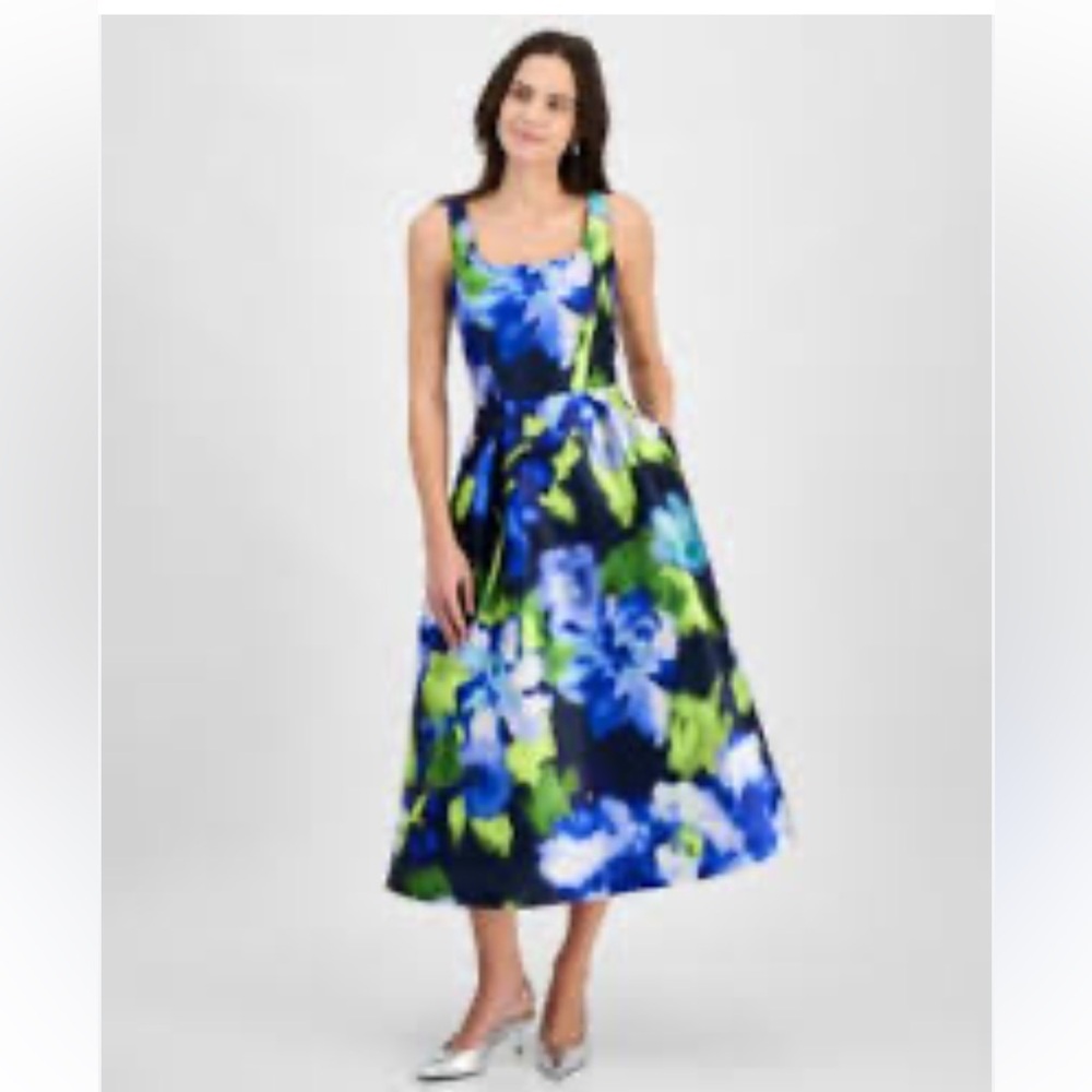 julia jordan Navy Floral Fit-and-Flare Dress with Blue & Green Accents